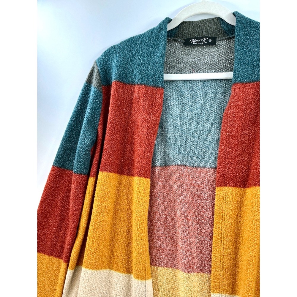 Open Front Colorblock Longline Duster Cardigan Sz S Boho Artsy Cozy Y2K - Picture 11 of 11